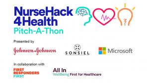 Logo spelling out NurseHack4Health with 3 images of a lightbulb, a mind and a heart, followed by the logos of 3 partners, Johnson & Johnson, SONSIEL and Microsoft, followed by the logos of our collaborators, First Responders First and All In WellBeing Fir