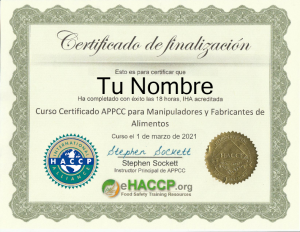 Certificado APPCC de finalización 18 horas.