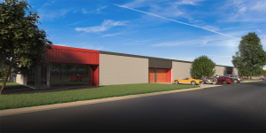 A 3D image of a warehouse with sport cars out front