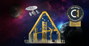 Space starfield background with two planets. The Starfleet Leadership Academy podcast logo is in the center with the Communicator Award logo in the top-right corner