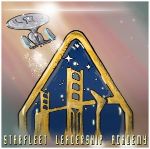 Starfleet Leadership Academy logo. Golden Gate Bridge image in the center with a cartoon-style Enterprise 1701-D flying away from it