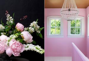 Pink peonies and pink belvedere