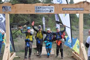 (Left) Pasokin CEO, Marco Amselem, crosses the finish line in America's Toughest Race whit his teammates after five days and 57 minutes of  non-stop racing