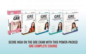 The combo image of Vibrant Publishers’ GRE Complete Course, including 5 GRE Test Prep books- 6 Practice Tests for the GRE, GRE Analytical Writing: Solutions to the Real Essay Topics- Book 2, GRE Master Wordlist: 1535 Words for Verbal Mastery, GRE Quantita
