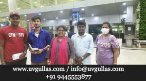 uvgullas College of Medicine Students From Left to Right Mohanraj ,Kritik, Director of Visayas Education Mrs. Suba Ramesh ,Vasanth Philip , Preetha Returning back to University