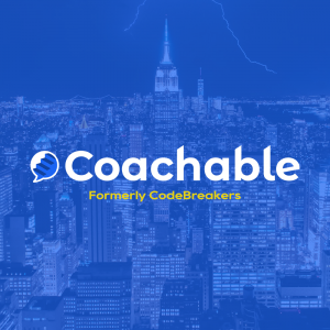Coachable Logo from LinkedIn, Logo in front of NYC skyline with blue background