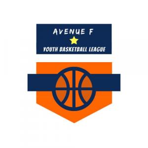 A blue rectangle with a yellow star in the middle. Words above star say Avenue F. Words under star say youth basketball team