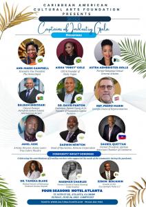Captains of Industry Awards & Gala flyer lists all of the honorees pictured beside their respective island nation flag. Their images are in a circular frame that lists their names and titles on a white background with blue lettering. The flyer also has be