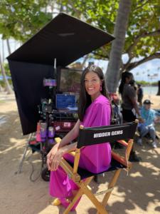 Actress Isabelle Du sitting on set of new movie 'HIDDEN GEMS' premiering on Hallmark Channel June 4, 2022