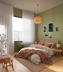 Interior Bedroom with high ceilings and green walls
