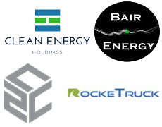 Logos of: Clean Energy Holdings LLC, Bair energy, Coast to Coast Logistics, and RockeTruck