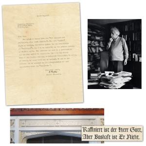 Typed letter signed by Albert Einstein concerning God and science and pertaining to one of his most famous quotes, “Subtle is the Lord, but not malicious” (est. $60,000-$70,000).