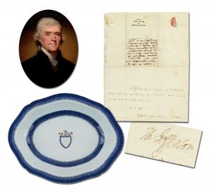 Thomas Jefferson’s signed dinner invitation as President in December 1805, accompanied by a Jefferson-owned Chinese Export rare oval serving bowl with “J” monogram (est. $18,000-$20,000).