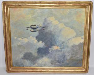 1945 oil on board painting of a World War II U.S. Navy/Army/Air Force float plane (one of only ten built), with clouds, signed by artist Eric Sloane (N.Y./Conn., 1905-1985), framed ($4,625).