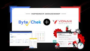 (Left hand side) An image of Bytechek's web interface and audit report. Seperated by a plus symbol in the middle. (Right hand side) Image of a skyscraper and security shield, representing Vonahi Security.