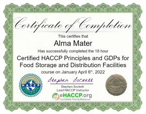 HACCP Certificate for Food Storage and Distribution