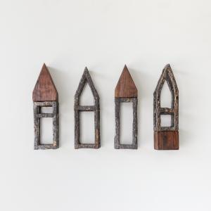 Simplistic, abstract houses made of glazed stoneware and walnut wood
