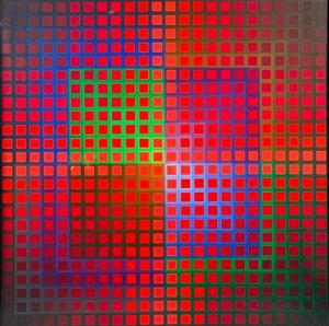 Paper collage (not a print) by Victor Vasarely (French/Hungarian, 1906-1997), titled Kontosch-C (circa 1968-1972), signed in ink, 36 inches by 35 ½ inches in the frame ($15,990).