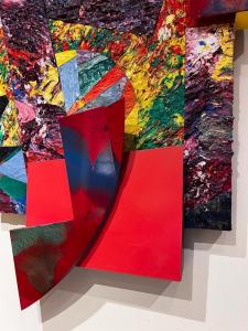 Abstract acrylic on canvas collage and enamel on aluminum work by African American artist Sam Gilliam (b. 1933), titled Pantheon #5, 85 inches by 55 inches ($67,650).