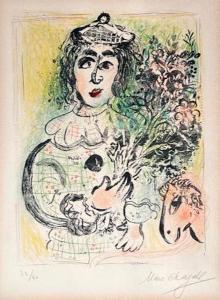 Lithograph on Arches paper by Marc Chagall (Russian, 1887-1985), titled Clown with Flowers, signed in pencil lower right and numbered 32/90, matted and framed ($4,305).