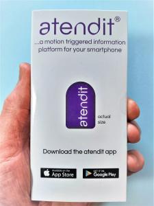 atendit consumer package showing the atendit sensor and that it is available in the Google Play Store and the Apple App Store