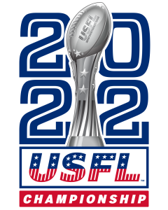 This image shows the USFL's championship logo comprised of a trophy and red, white and blue colors and stars spelling out USFL championship.