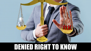 A picture of a person preventing the scales of justice to weigh a Right to Know request against the wishes of the person