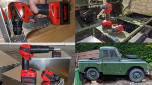 The KwikPro Motor Handle is shown with a Rotary Drill Attachment and Impact Wrench Attachment on the battery boxes of a Classic Land Rover being renovated and electrified.