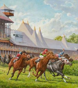 Oil on canvas by Jenness Cortez (American, b. 1944), titled Saratoga Horse Race, signed, 36 ¼ inches by 32 inches (Estimate: $6,000-$8,000).