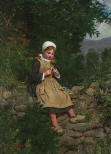 Oil on canvas by Jennie Augusta Brownscombe (American, 1850-1936), titled Girl with Flower, signed and dated, 23 inches by 17 inches (Estimate: $3,000-$5,000).