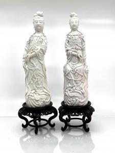 Pair of blanc de chine porcelain Guanyin, representing the type of porcelain figurines produced in Dehua, Fujian Province, 12 inches tall (est. $100-$200).