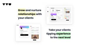 Image containing a preview of Tip Top Jar's dashboard, with the title "Grow and nurture relationships with your clients" and a preview of the tip card with the title "Take your clients tipping experience to the next level."