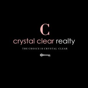 Logo with the words Crystal Clear Realty and a key symbol on a black background
