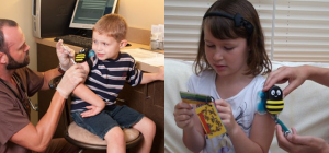 Image of a young boy and a young girl each getting a shot, using Buzzy and Distraction Cards