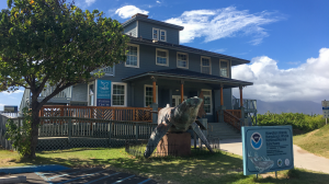 Building on the ocean with humpback whale statue at the entrance.