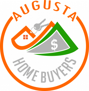 Augusta Home Buyers logo is an orange house with dollar bills below and an orange circle around everything