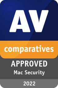 Certification with logo for approved products of AV-Comparatives Mac Security Test 2022