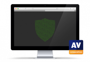 Bildschirm eines iMacs mit einem schematisch dargestellten Sicherheitsschild und dem Logo von AV-Comparatives