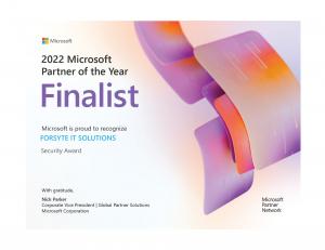 Forsyte I.T. Solutions is recognized by Microsoft as the 2022 Microsoft Security Partner of the Year Runner-Up