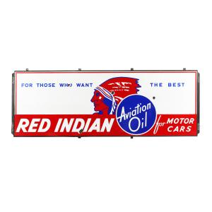 Canadian single-sided porcelain Red Indian Aviation Motor Oil sign from the 1930s, 26 inches tall by 72 inches wide, graded 8.75. (CA$47,200).