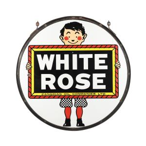 Double-sided porcelain White Rose Gasoline “Slate Boy” sign (Canadian, 1940s), with iconic “Boy and Slate” graphics, 48 inches in diameter (CA$23,600).