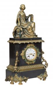 Late 19th century French bronze and marble figural mantel clock, 22 ½ inches tall by 12 ½ inches wide (est. $600-$900).