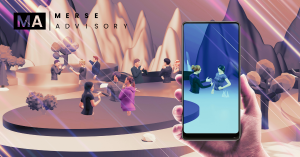 Avatars in virtual world having discussions around tables, and on smartphone. Includes logo for Merse Advisory