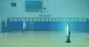 OhmniClean Autonomous UV-C Disinfection Robot on a basketball court