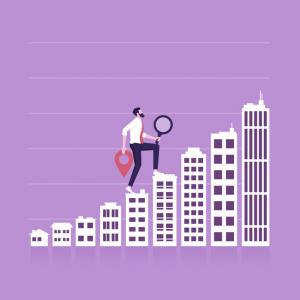 Businessman walking up Ascending buildings forming bar graph, Property investment and mortgage business concept