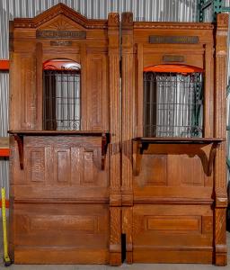 U.S. Post Office quartersawn oak business frontpieces in the Eastlake style, circa 1890-1910, with two side-by-side panels (“General Delivery” and “Money Orders”) (est. $2,500-$5,000).