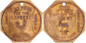 Token from the Grand Saloon (Taos, N.M.), octagonal brass, with naughty messages on both sides, a great example of a Wild West token (est. $3,000-$6,000).