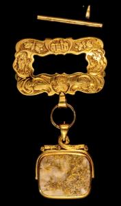 One of the important recovered jewelry items from the S.S. Central America is a large 18 karat gold quartz Gold Rush engraved brooch that San Francisco businessman Samuel Brannan was sending to his son in Geneva, Switzerland as a gift to the son's teacher