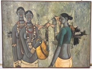Figural oil painting by the acclaimed Indian artist B. Prabha (1933-2001), depicting two bare-breasted blue skin women beside a third woman, signed and dated (“82”) (est. $20,000-$30,000).