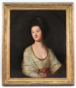 Oil on canvas portrait painting by Francis Cotes (U.K., 1726-1770) of an aristocratic woman identified on a plaque as Mrs. Elizabeth Mannering (est. $5,000-$10,000).